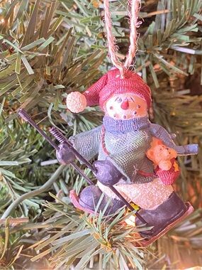 Snowman Ski Ornament Rustic Holiday Decor Charming Hand Painted Christmas Decor